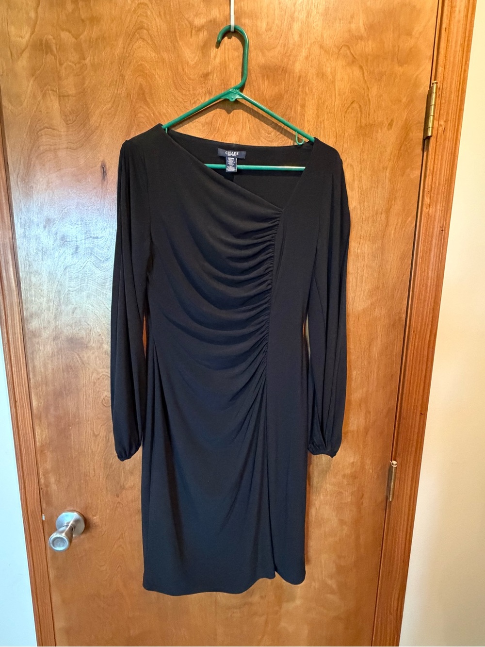 Chaps Black Gathered Front Long-Sleeve Dress